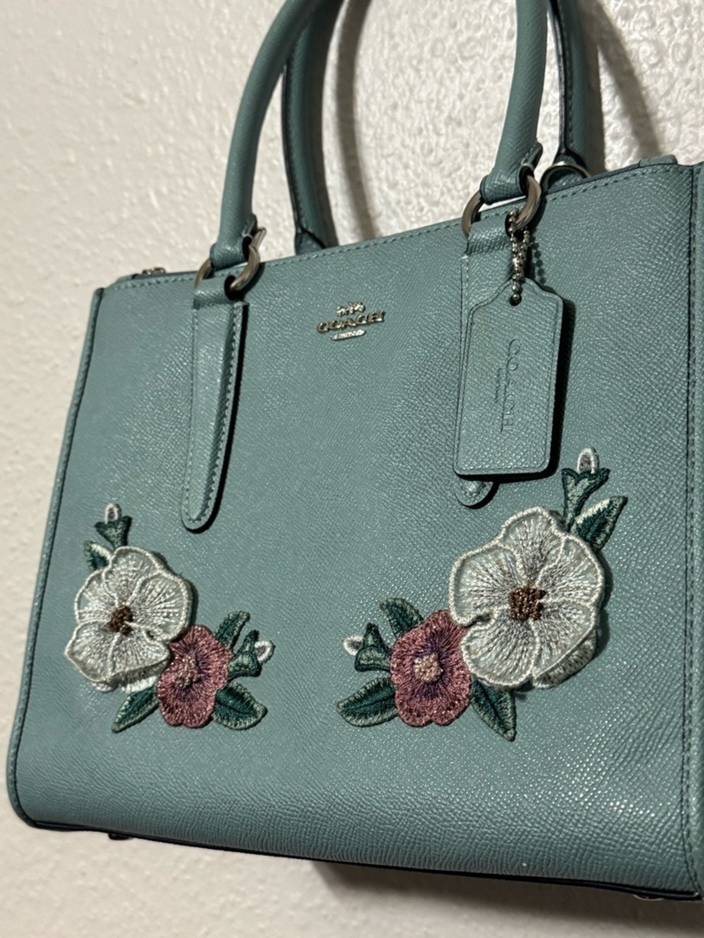 COACH Light Blue  Floral Applique Leather Satchel with Top Handles - Picture 13 of 16